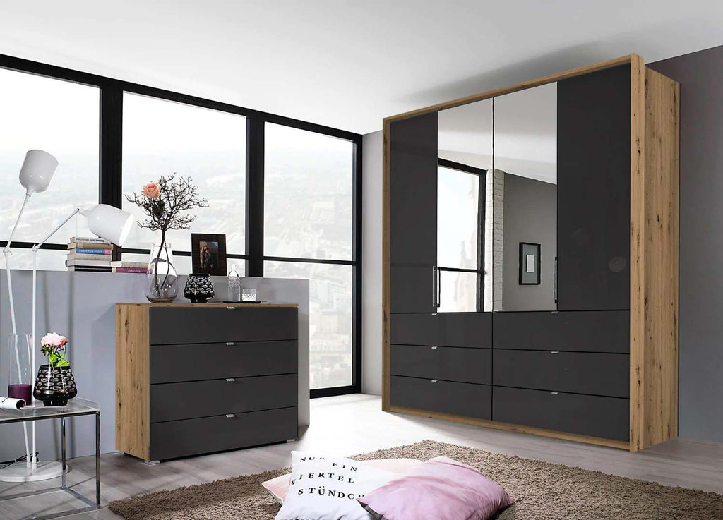 Oakwood Rauch Erimo Style3 Artisan Oak & Silk Grey Glass Bi-folding doors Combi Wardrobe