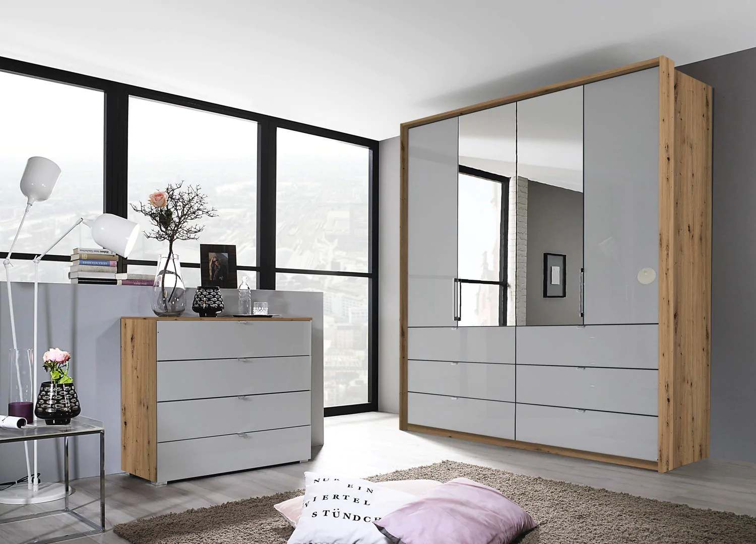 Oakwood Rauch Erimo Style3 Artisan Oak & Silk Grey Glass Bi-folding doors Combi Wardrobe
