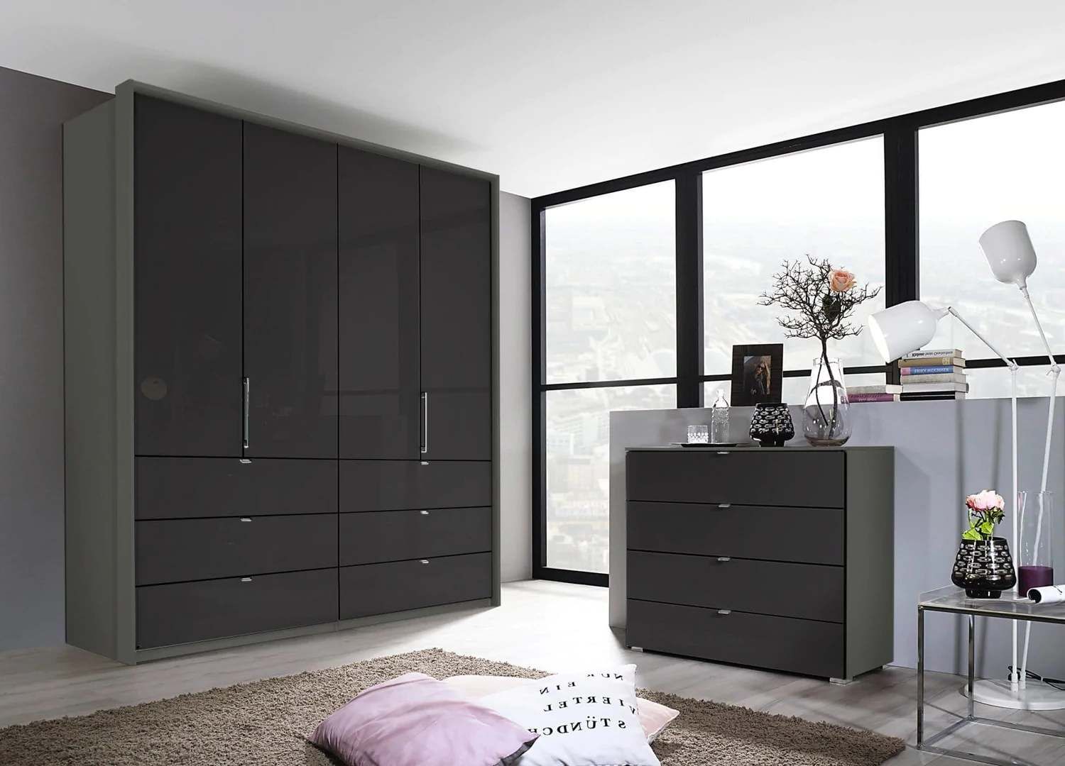 Oakwood Rauch Erimo Style3 Basalt Glass Bi-folding doors Combi Wardrobe 204CM Tall