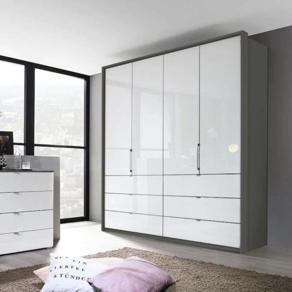Oakwood Rauch Erimo Style3 White Glass Bi-folding doors Combi Wardrobe