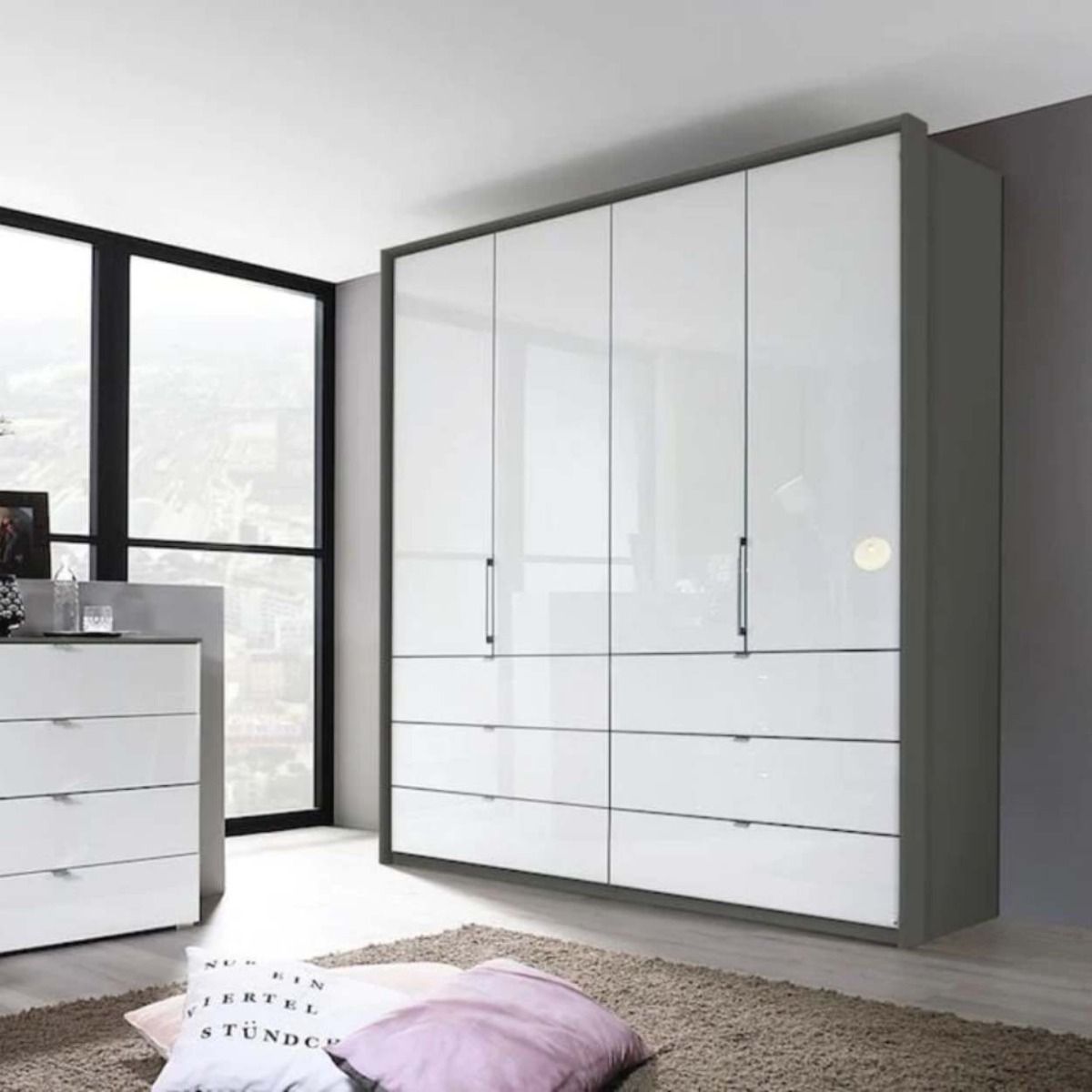 Oakwood Rauch Erimo Style3 White Glass Bi-folding doors Combi Wardrobe