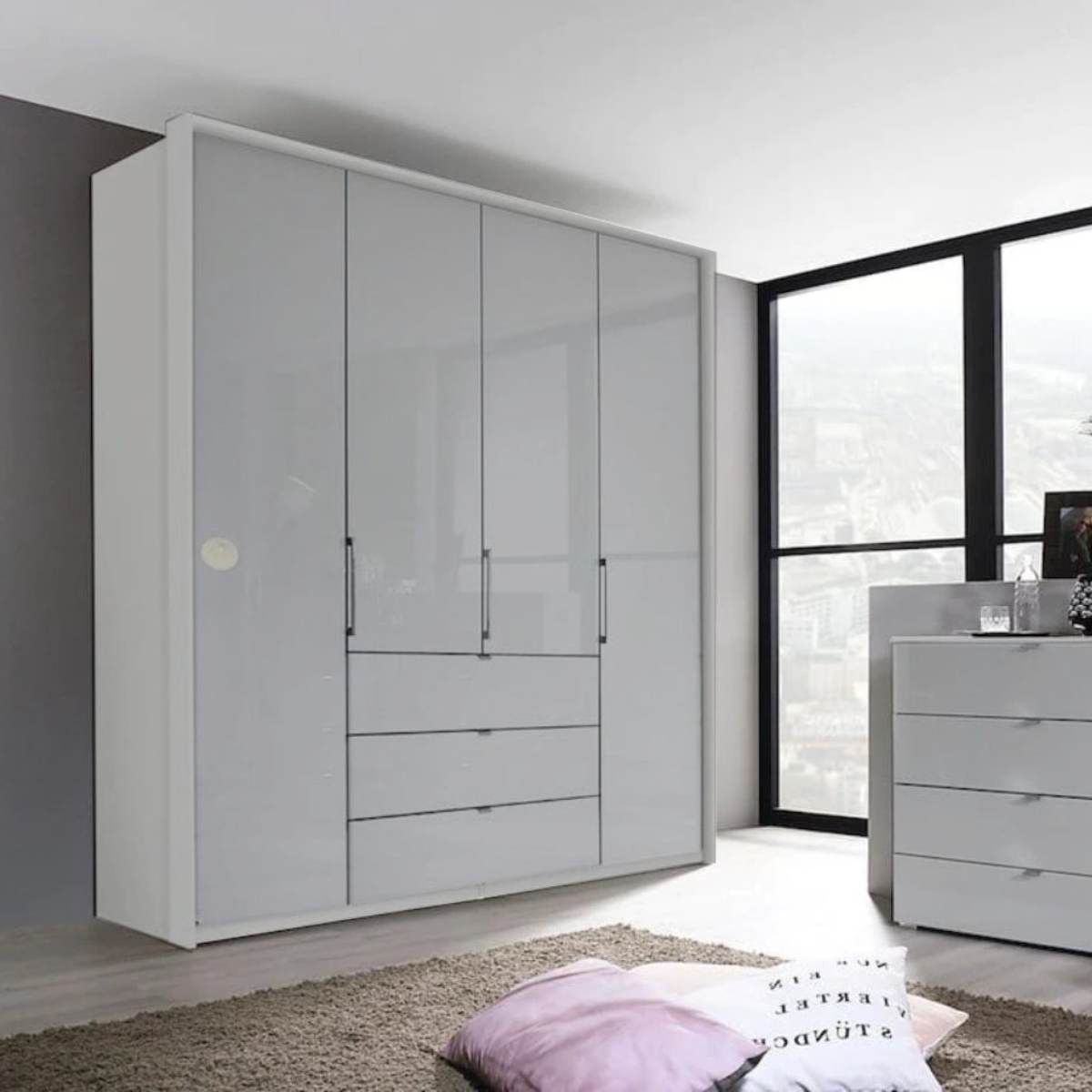 Oakwood Rauch Erimo Style 1 Silk Grey Glass Bi-Folding Doors Combi Wardrobe
