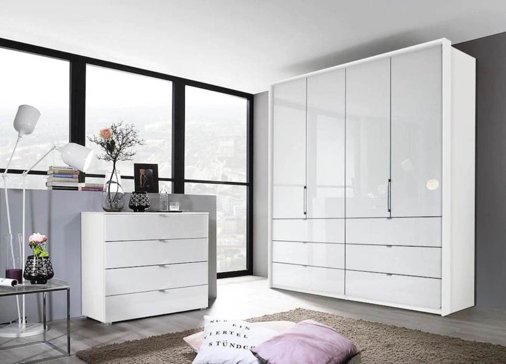 Oakwood Rauch Erimo Style3 White Glass Bi-folding doors Combi Wardrobe