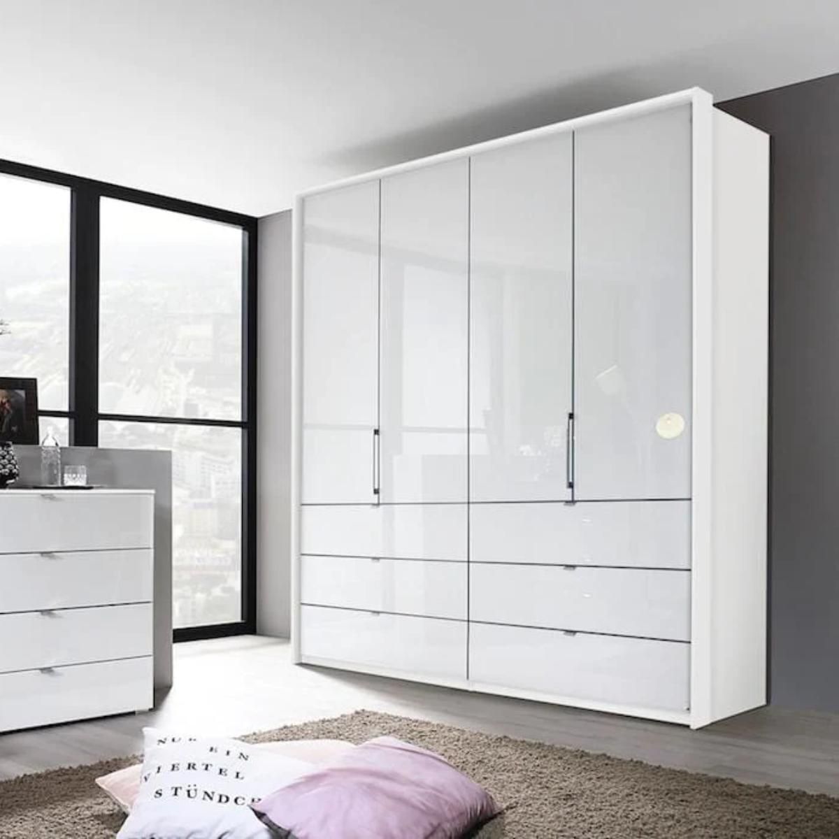 Oakwood Rauch Erimo Style3 White Glass Bi-folding doors Combi Wardrobe