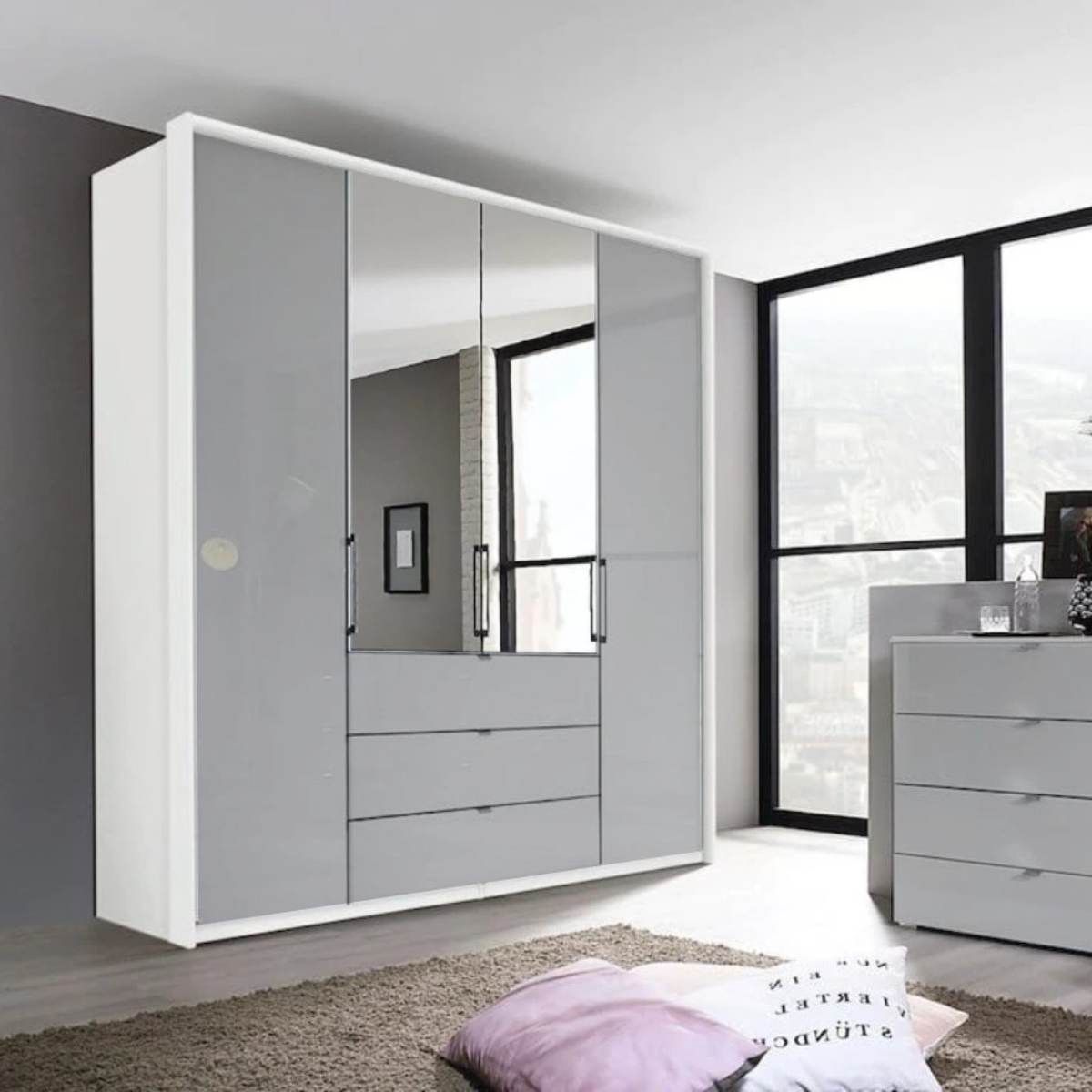 Oakwood Rauch Erimo Style1 White & Silk Grey Glass Bi-Folding Doors Combi Wardrobe 204CM