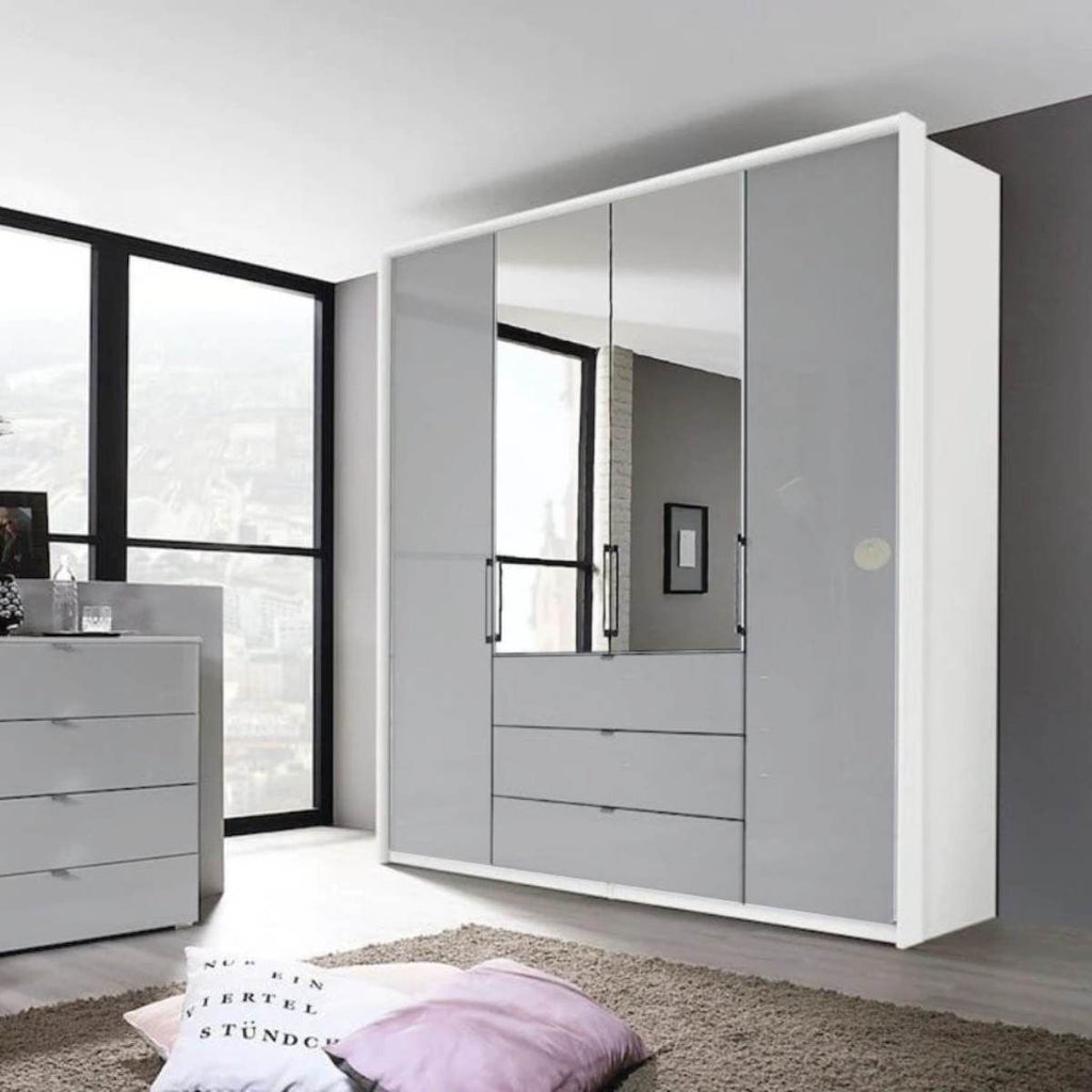 Oakwood Rauch Erimo Style1 White & Silk Grey Glass Bi-Folding Doors Combi Wardrobe 204CM