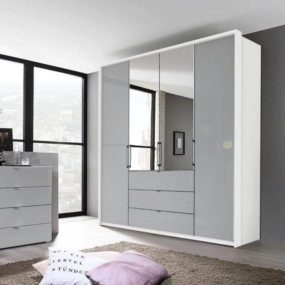 Oakwood Rauch Erimo Style1 White & Silk Grey Glass Bi-Folding Doors Combi Wardrobe 204CM