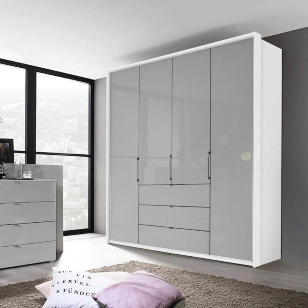 Oakwood Rauch Erimo Style1 White & Silk Grey Glass Bi-Folding Doors Combi Wardrobe 204CM