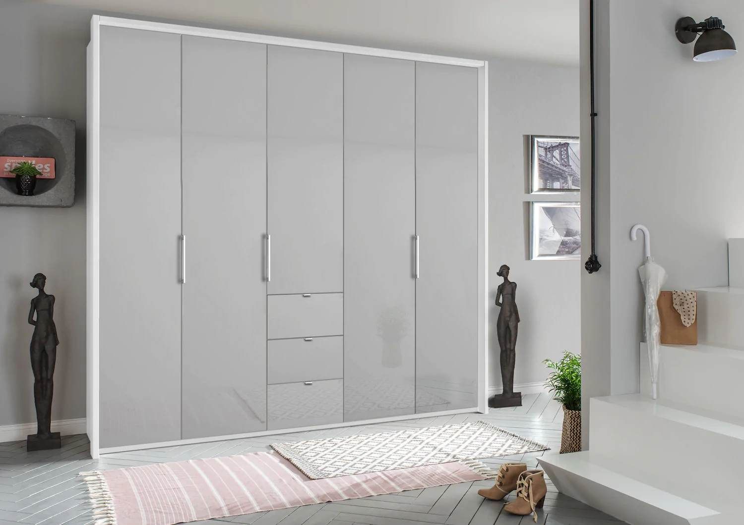 Oakwood Rauch Erimo Style 1 White & Silk Grey Glass Bi-Folding 5 Doors Combi Wardrobe W254CM