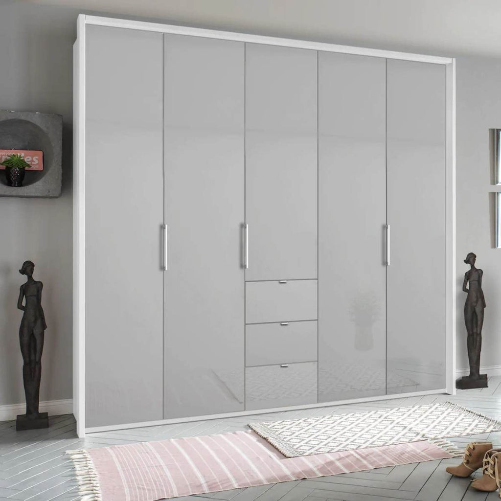 Oakwood Rauch Erimo Style 1 White & Silk Grey Glass Bi-Folding 5 Doors Combi Wardrobe W254CM