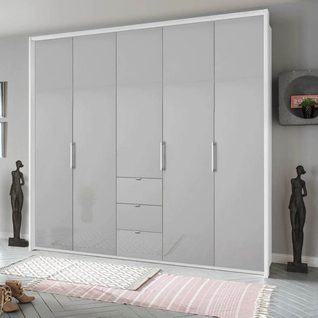 Oakwood Rauch Erimo Style 1 White & Silk Grey Glass Bi-Folding 5 Doors Combi Wardrobe W254CM