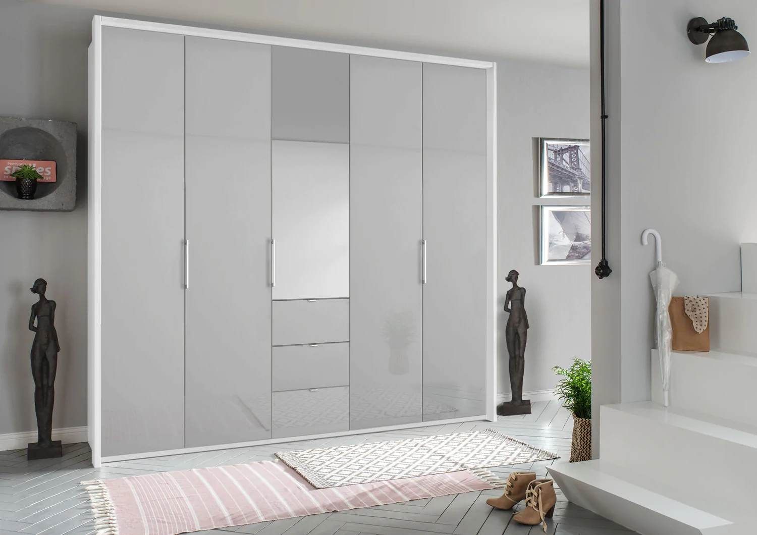Oakwood Rauch Erimo Style 1 White & Silk Grey Glass Bi-Folding 5 Doors Combi Wardrobe W254CM
