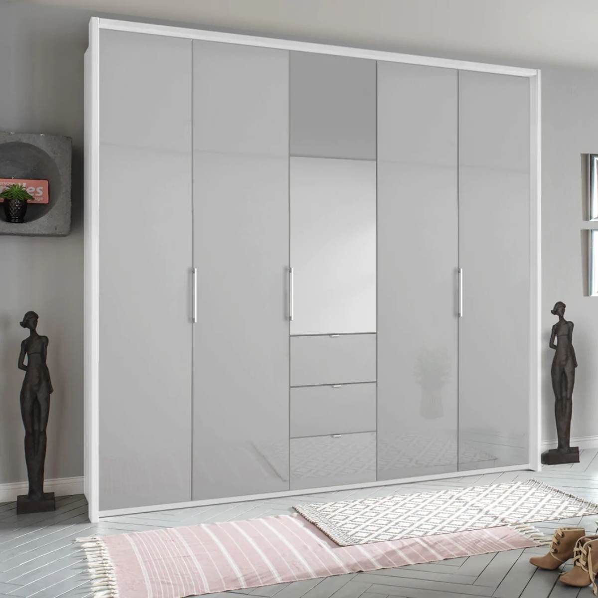 Oakwood Rauch Erimo Style 1 White & Silk Grey Glass Bi-Folding 5 Doors Combi Wardrobe W254CM