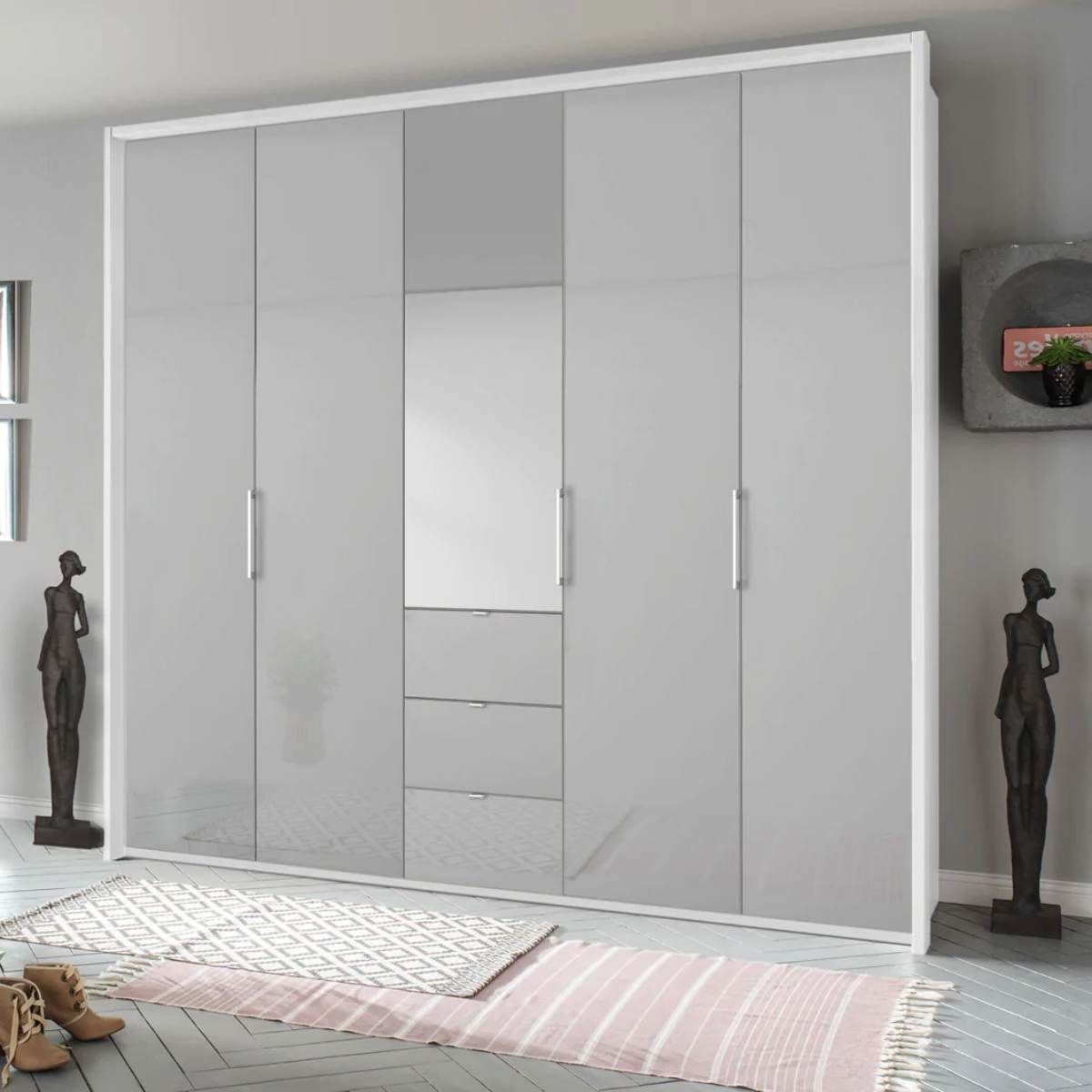 Oakwood Rauch Erimo Style 1 White & Silk Grey Glass Bi-Folding 5 Doors Combi Wardrobe W254CM