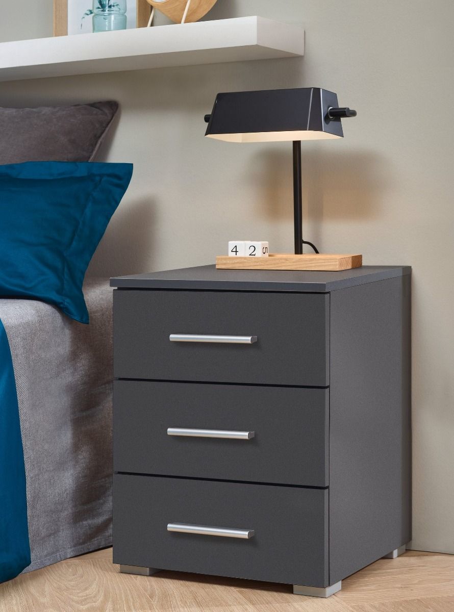 Oakwood Rauch Base 3 Drawer Metallic Grey Bedside Cabinet