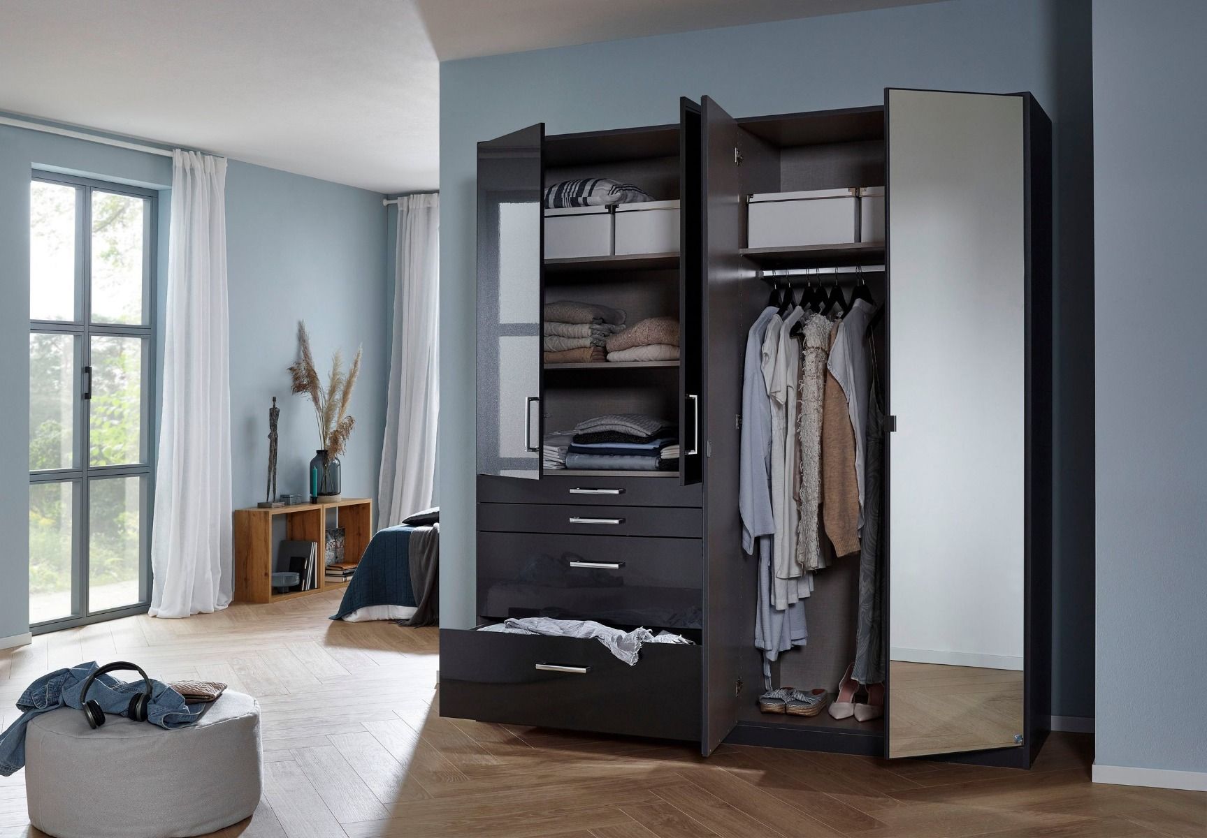 Oakwood Rauch Homburg High Gloss Effect Grey 4 Door Hinged Combi Wardrobe