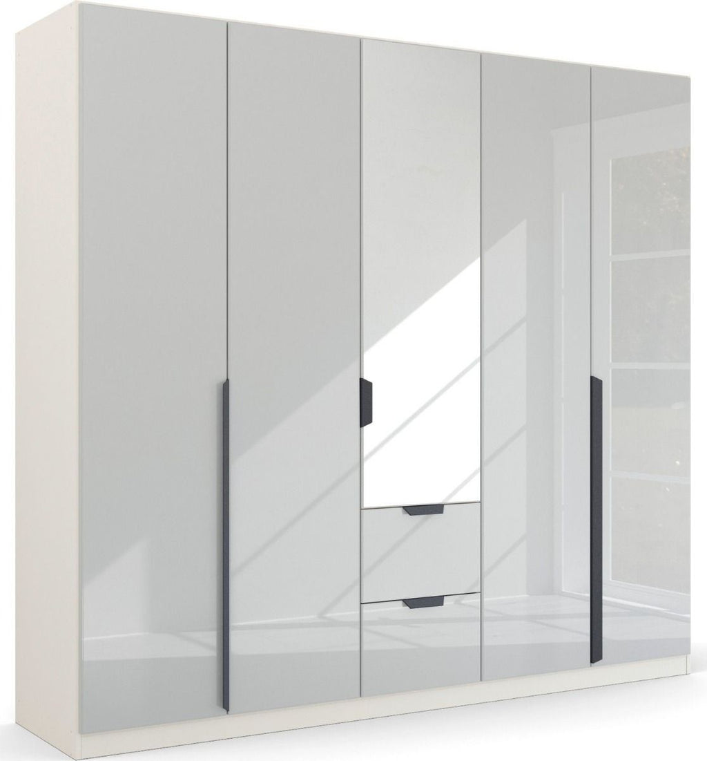 Oakwood Rauch White Glass With Mirror Modern Quadra Spin 5 Door Combi 226CM Wardrobe