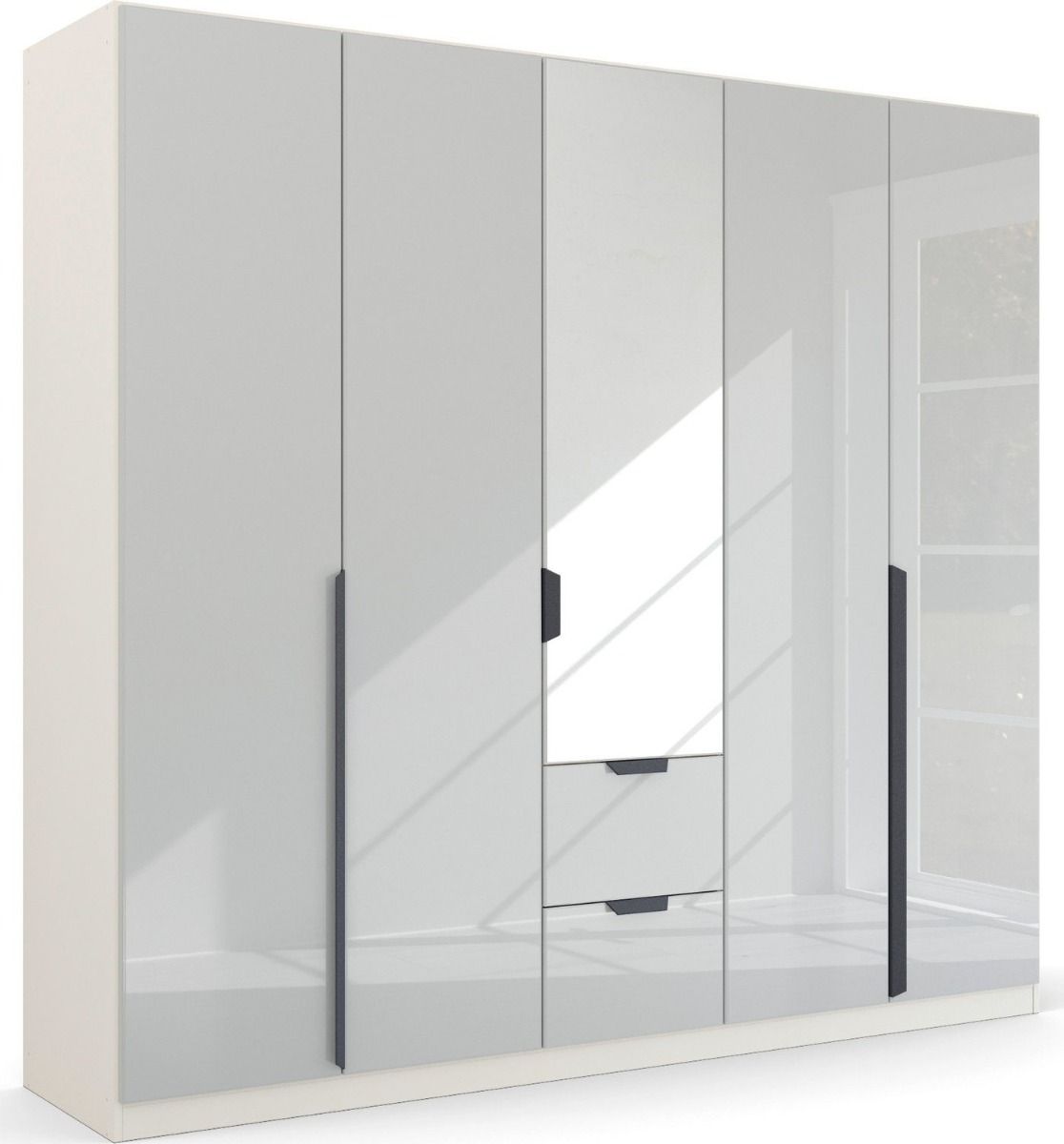 Oakwood Rauch White Glass With Mirror Modern Quadra Spin 5 Door Combi 226CM Wardrobe