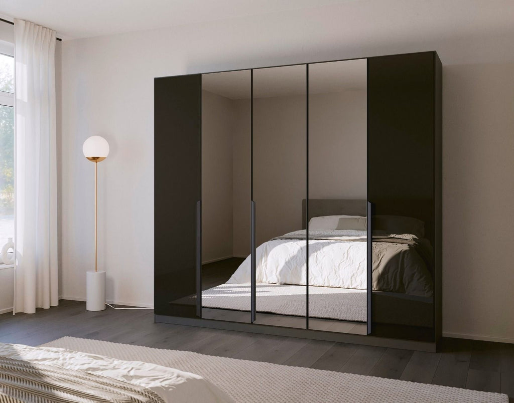 Oakwood Rauch Bassalt Glass With Mirror Modern Quadra Spin 5 Door Hinged 226CM Wardrobe