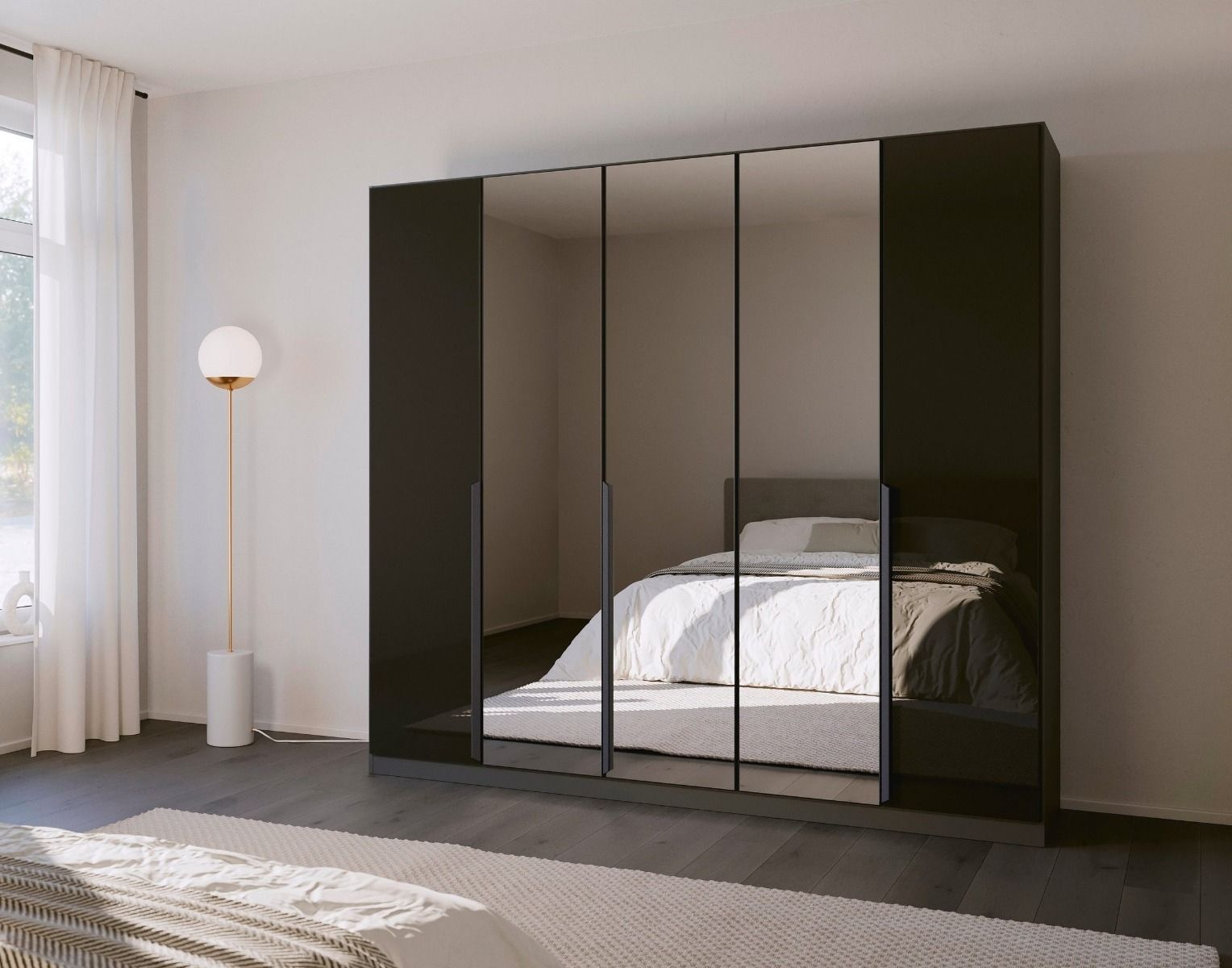 Oakwood Rauch Bassalt Glass With Mirror Modern Quadra Spin 5 Door Hinged 226CM Wardrobe