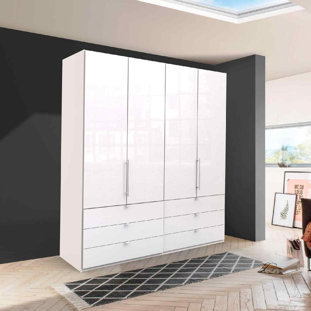 Oakwood Wiemann Loft White Glass 200CM Bi-Folding Doors Wardrobe With Drawers