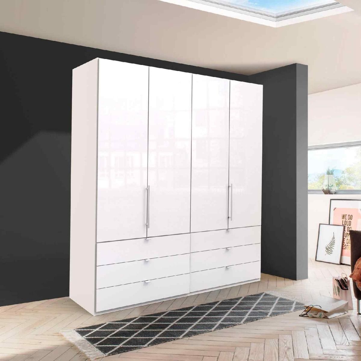 Oakwood Wiemann Loft White Glass 200CM Bi-Folding Doors Wardrobe With Drawers