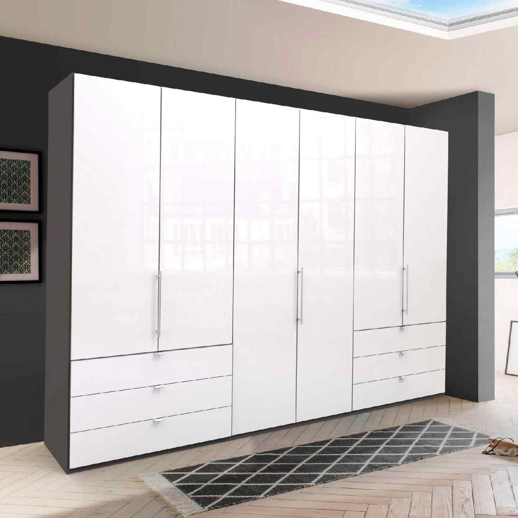 Oakwood Wiemann Loft White Glass Front 300CM Bi-Folding Doors Wardrobe With Drawers