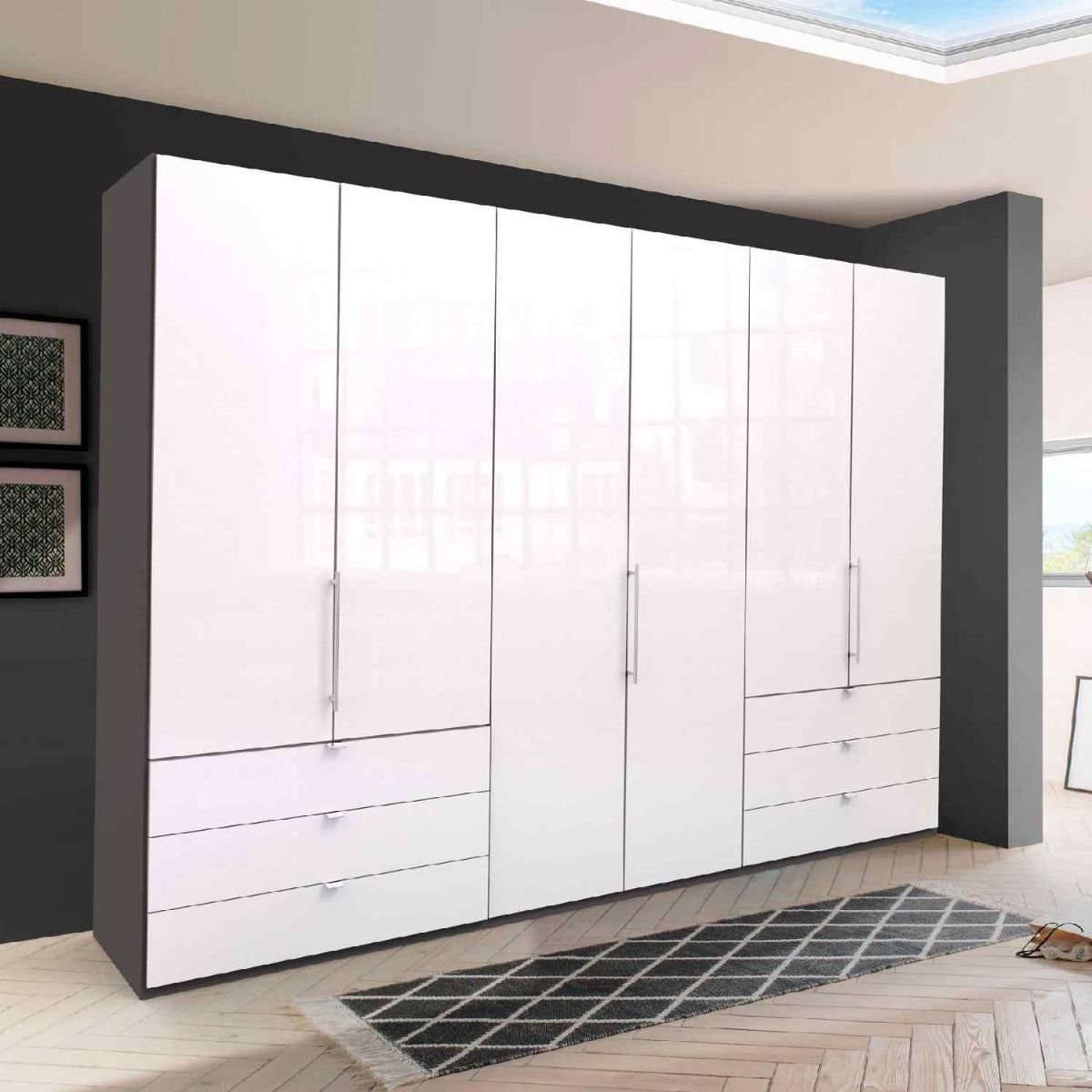 Oakwood Wiemann Loft White Glass Front 300CM Bi-Folding Doors Wardrobe With Drawers