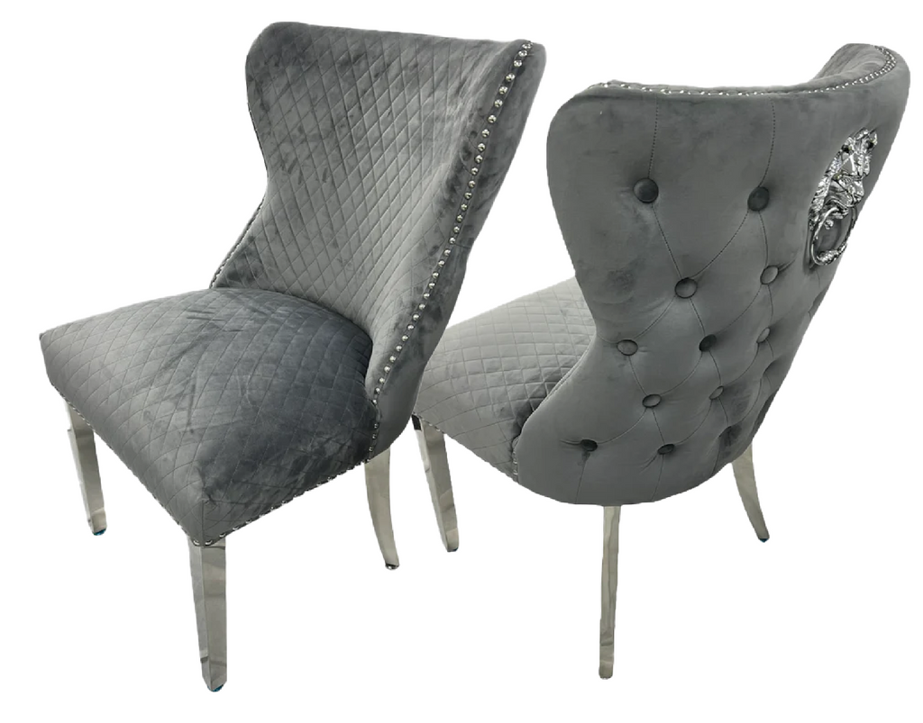 Oakwood Lewis Dark Grey Lion Knockerback Plush Velvet Dining Chairs