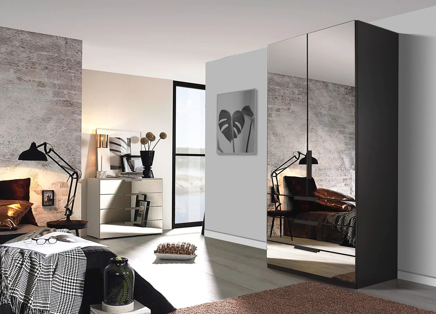 Oakwood Rauch Miramar Full Mirror Front 2 Door Hinged Combi Wardrobe