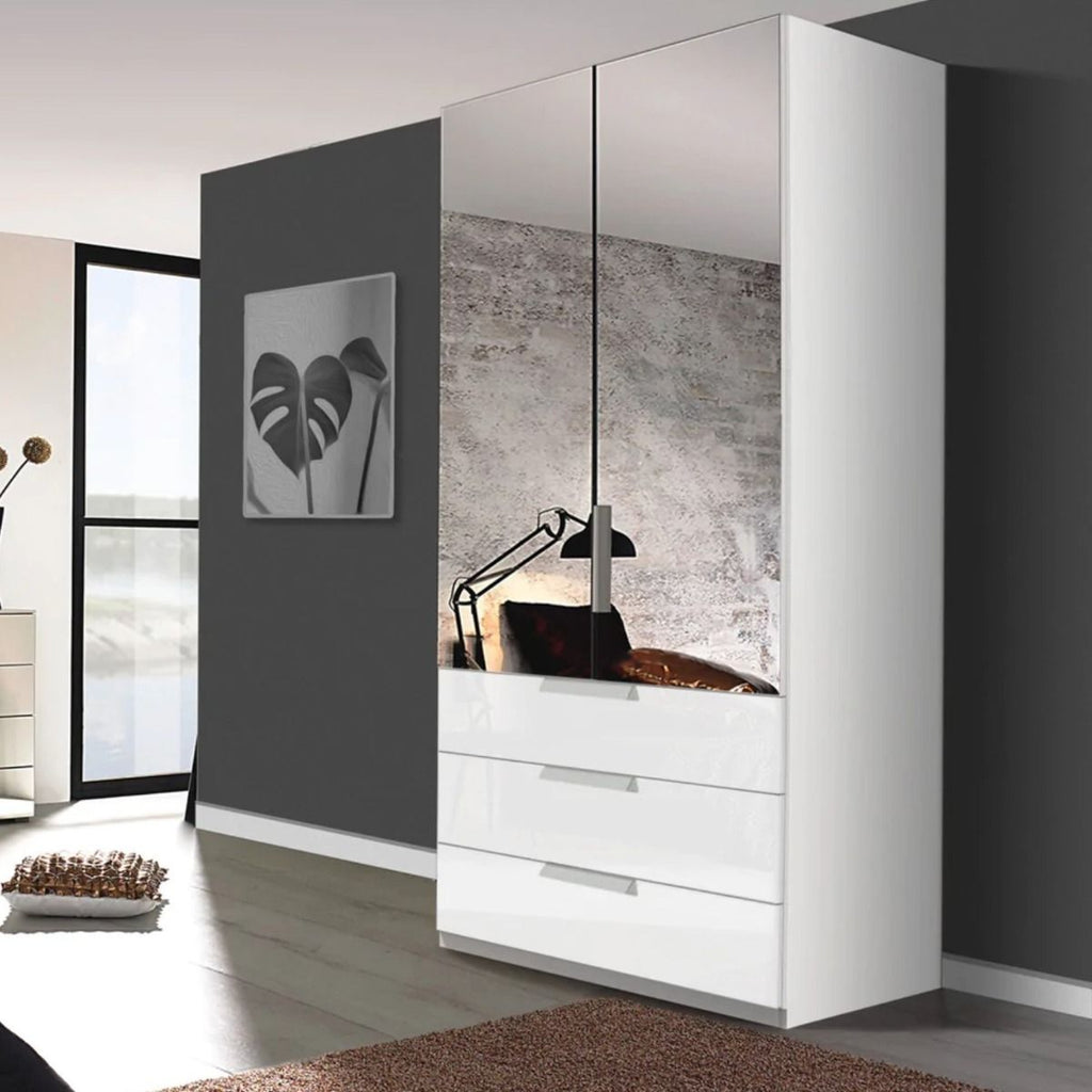 Oakwood Rauch Miramar Lynx Type 6 White Glass & Mirror Front 2 Door Hinged Combi Wardrobe
