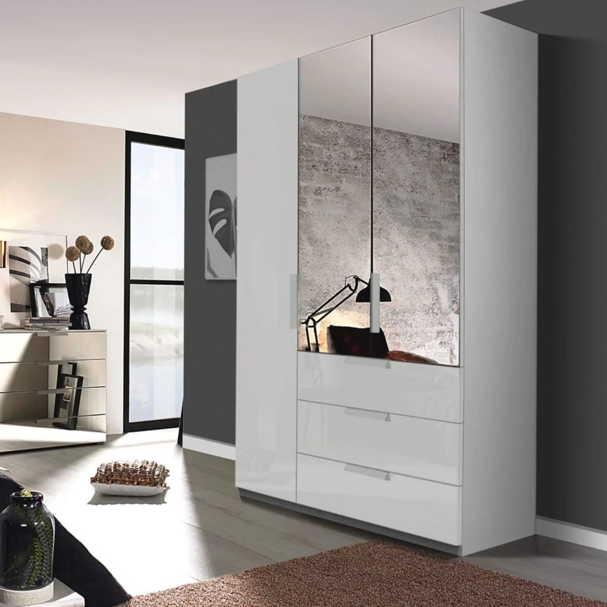 Oakwood Rauch Miramar Lynx Silk Grey Glass & Mirror Front 3 Hinged Door Combi Wardrobe