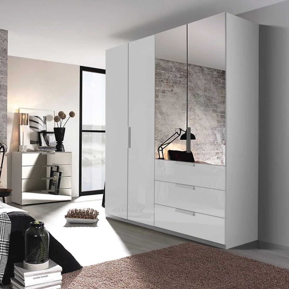 Oakwood Rauch Miramar Lynx Silk Grey Glass & Mirror Front 4 Door Hinged Combi Wardrobe