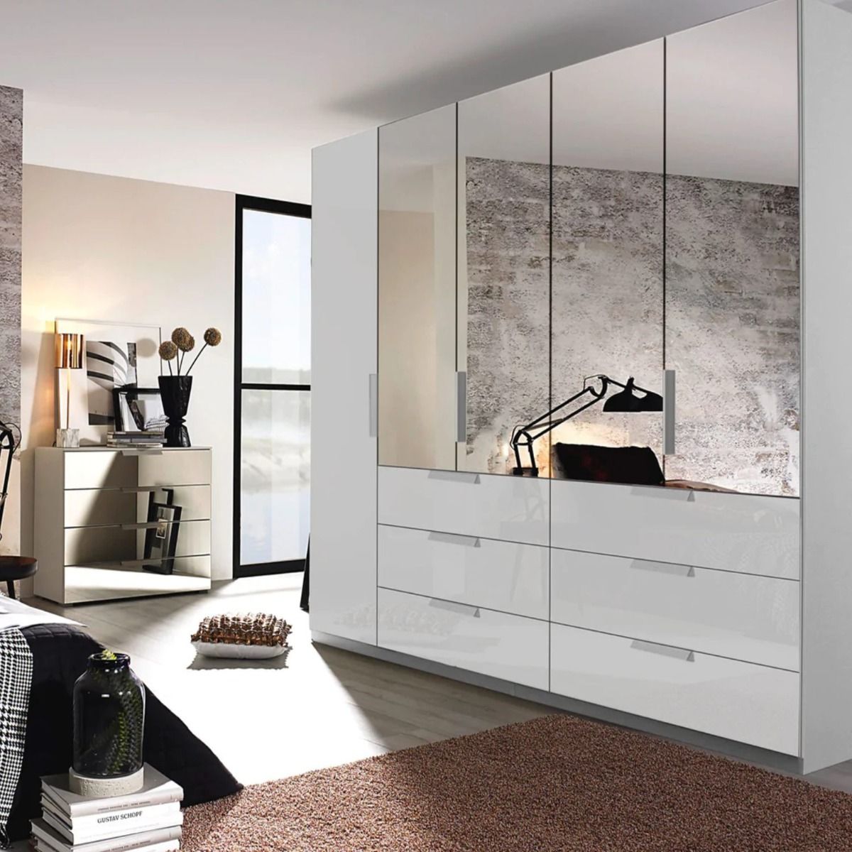Oakwood Rauch Miramar Lynx Silk Grey Glass & Mirror Front 5 Hinged Door Combi Wardrobe