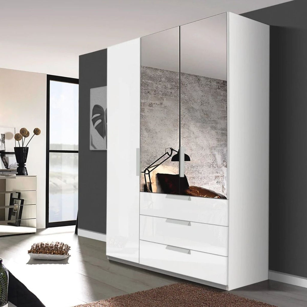 Oakwood Rauch Miramar Lynx White Glass & Mirror Front 3 Hinged Door Combi Wardrobe