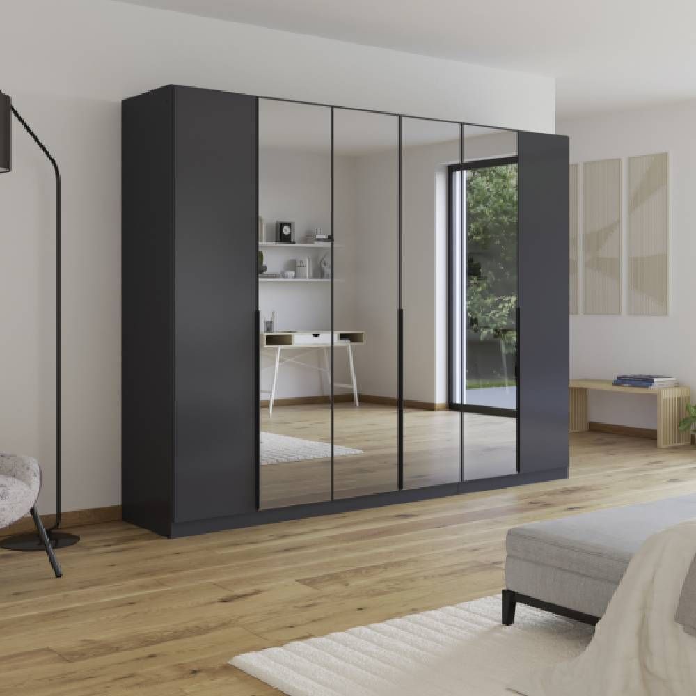 Oakwood Rauch Skyla Metallic Grey 6 Hinged Door Wardrobe with Grey Mirror Front