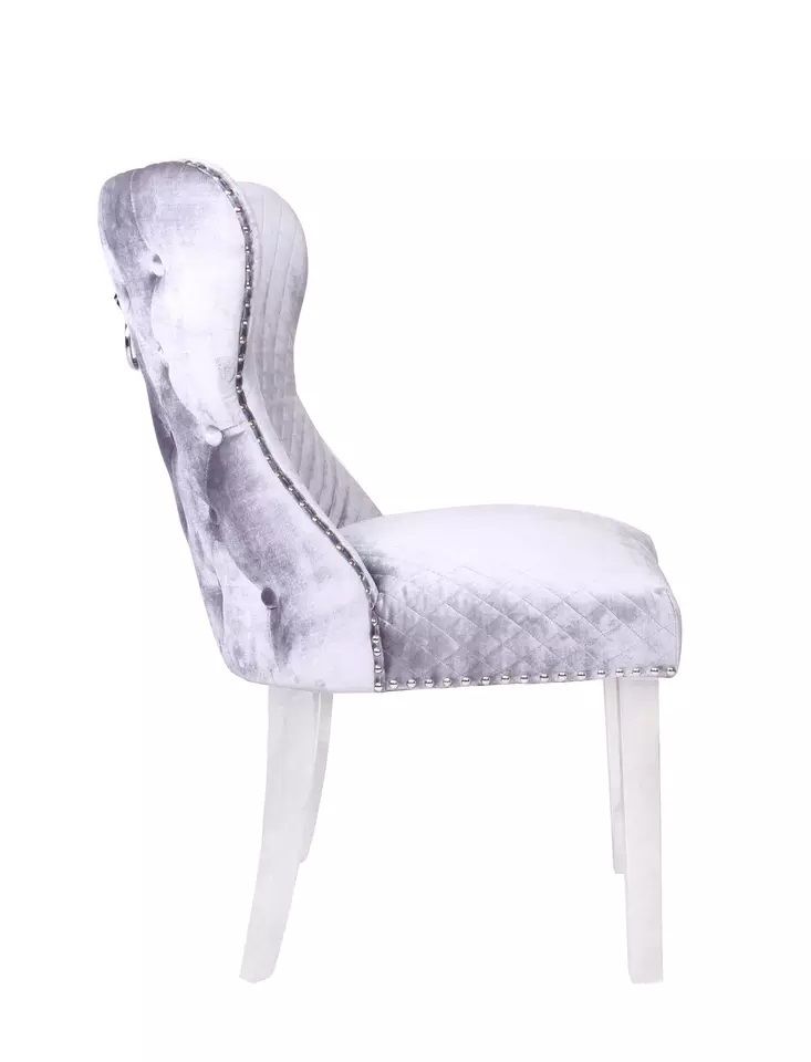 Oakwood Oracle 130cm Round Grey Marble Dining Table & 4 Lewis Silvery Grey Lion Knocker Chairs