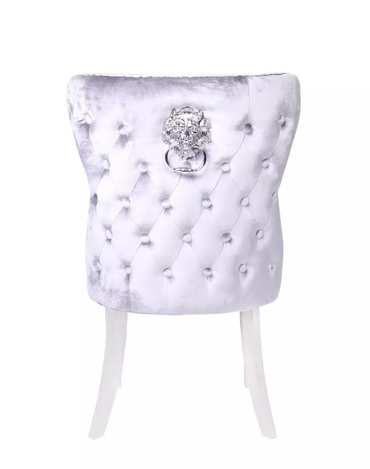 Oakwood Oracle 130cm Round Grey Marble Dining Table & 4 Lewis Silvery Grey Lion Knocker Chairs