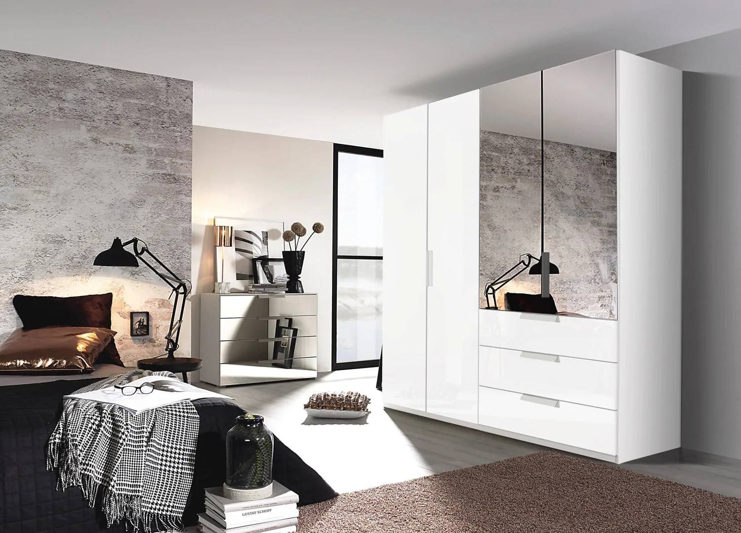 Oakwood Rauch Miramar Lynx White Glass & Mirror Front 4 Door Hinged Combi Wardrobe
