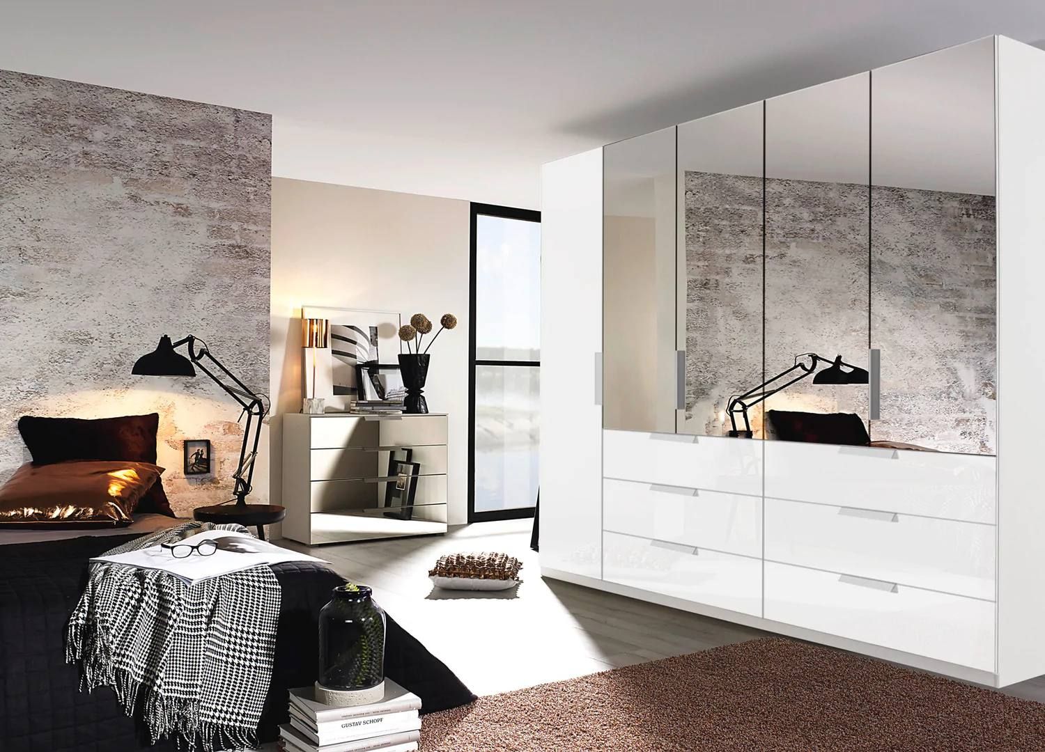 Oakwood Rauch Miramar Lynx White Glass & Mirror Front 5 Hinged Door Combi Wardrobe