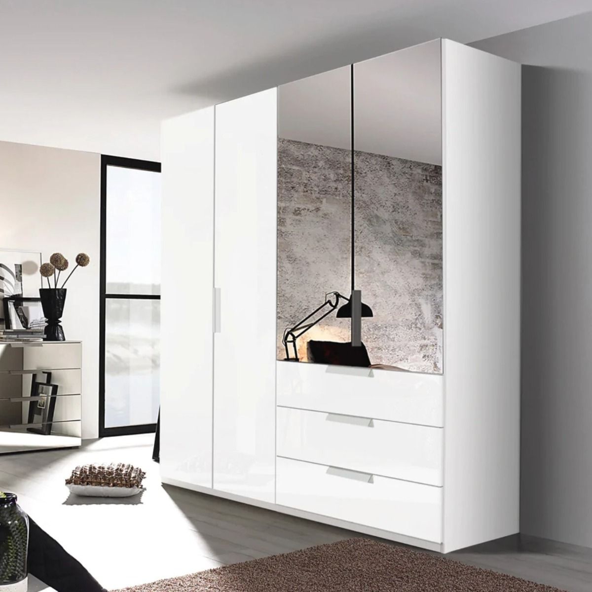 Oakwood Rauch Miramar Lynx White Glass & Mirror Front 4 Door Hinged Combi Wardrobe