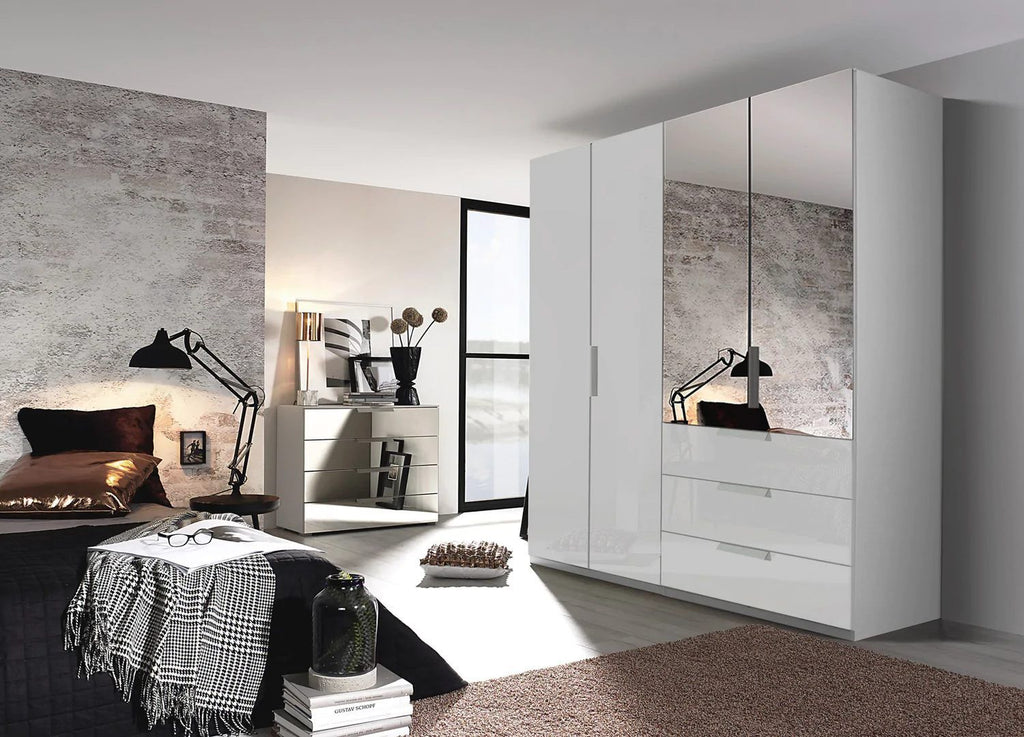 Oakwood Rauch Miramar Lynx Silk Grey Glass & Mirror Front 4 Door Hinged Combi Wardrobe
