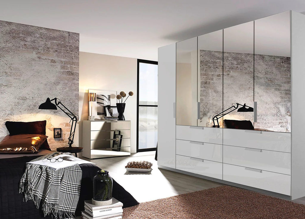 Oakwood Rauch Miramar Lynx Silk Grey Glass & Mirror Front 5 Hinged Door Combi Wardrobe