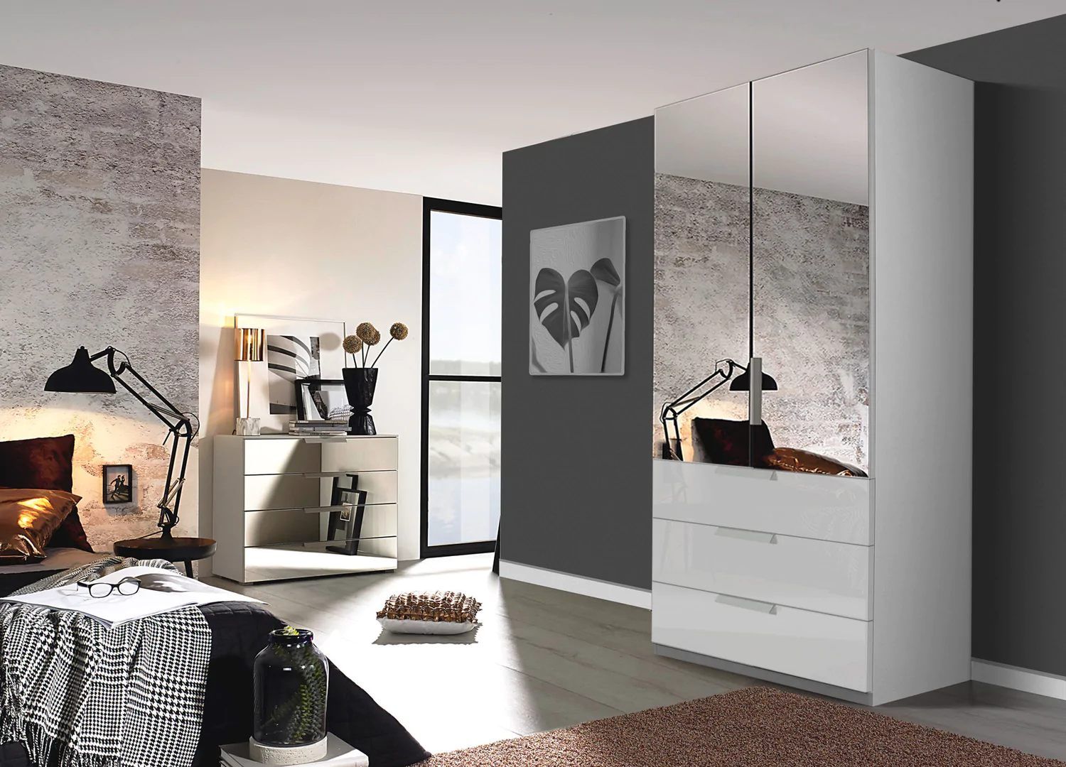 Oakwood Rauch Miramar Lynx Type 6 Silk Grey Glass & Mirror Front 2 Door Hinged Combi Wardrobe