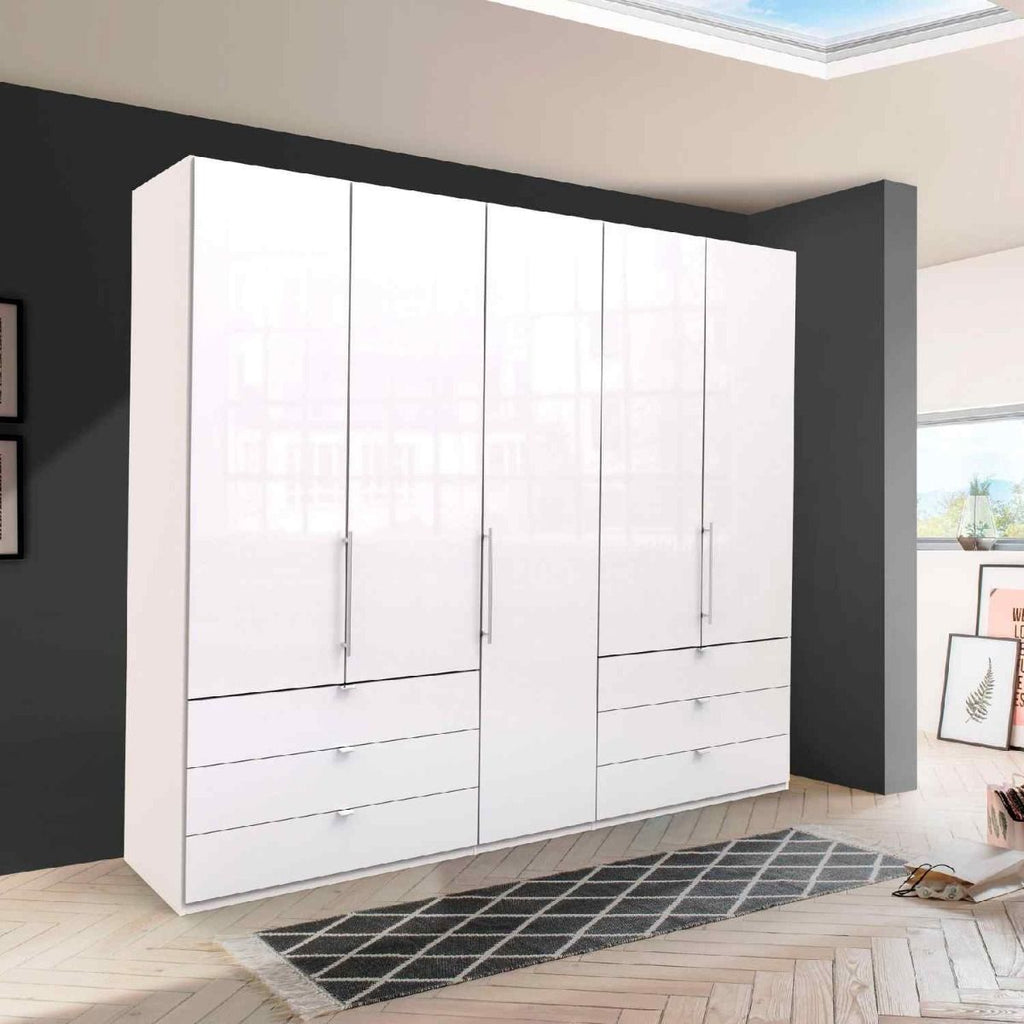 Oakwood Wiemann Loft White Glass 250CM Bi-Folding Doors Wardrobe With Drawers