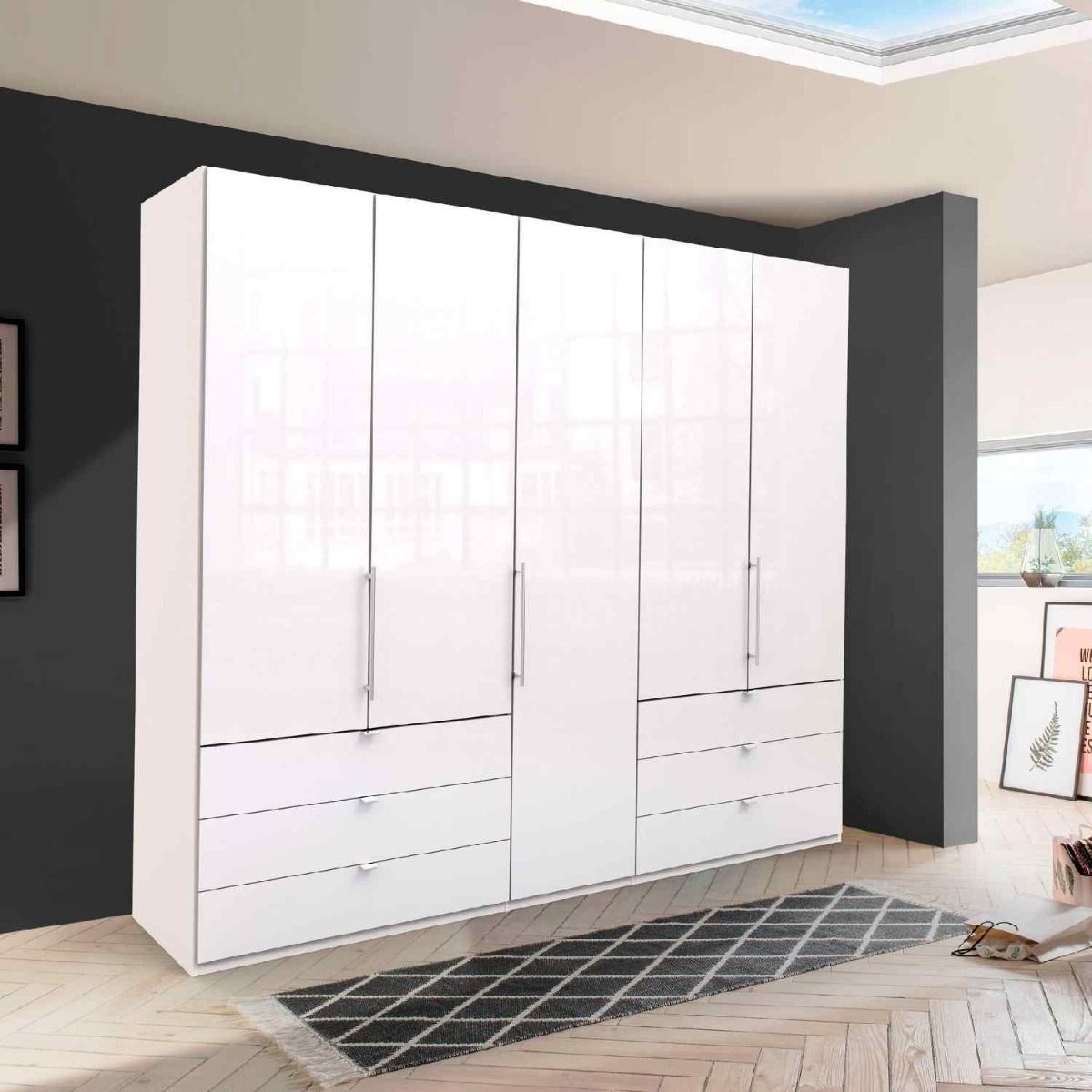 Oakwood Wiemann Loft White Glass 250CM Bi-Folding Doors Wardrobe With Drawers