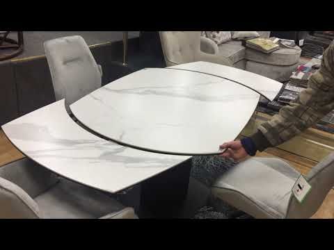 Oakwood Motion White Marble Ceramic Swivel Extending Dining Table