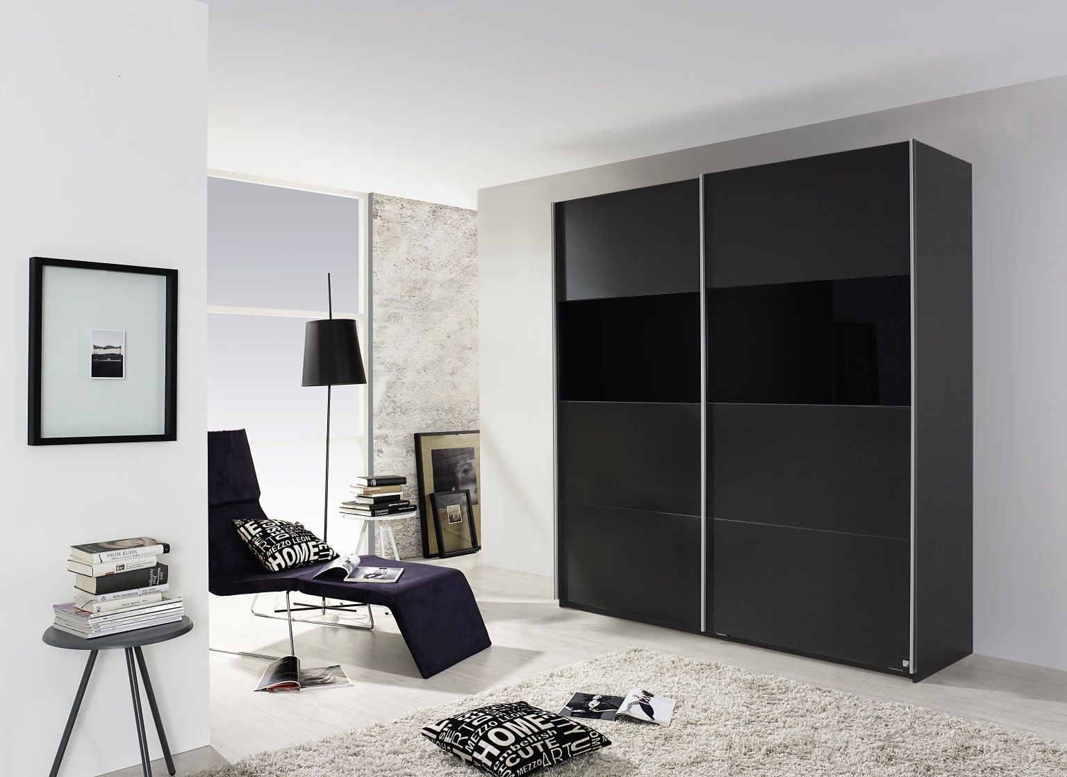 Oakwood Rauch Quadra Metallic Grey & Black Glass 2 Gliding Door Wardrobe