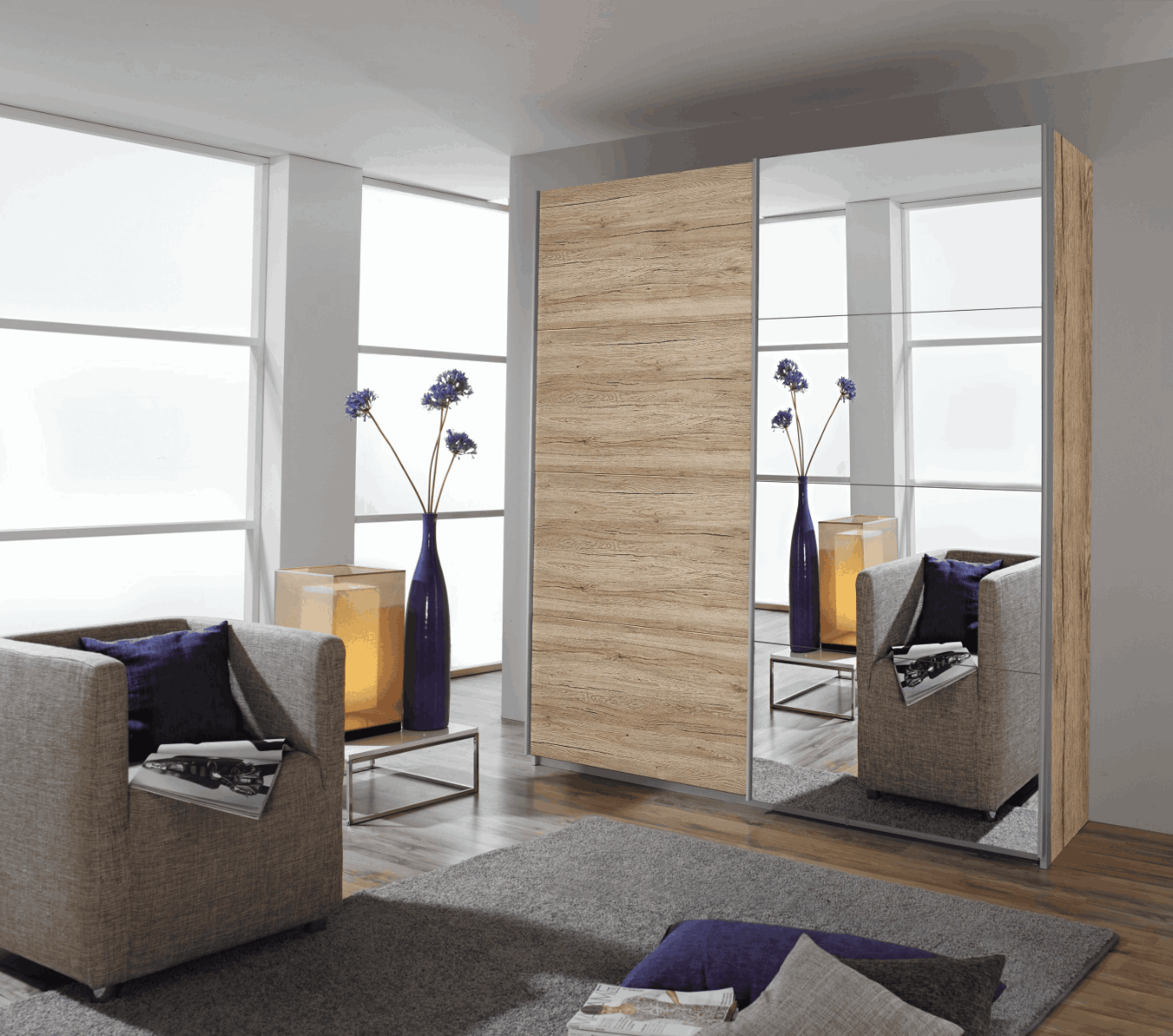 Oakwood Rauch Quadra 2 Gliding Door Wardrobe With Sanremo Oak Light And Mirror Front