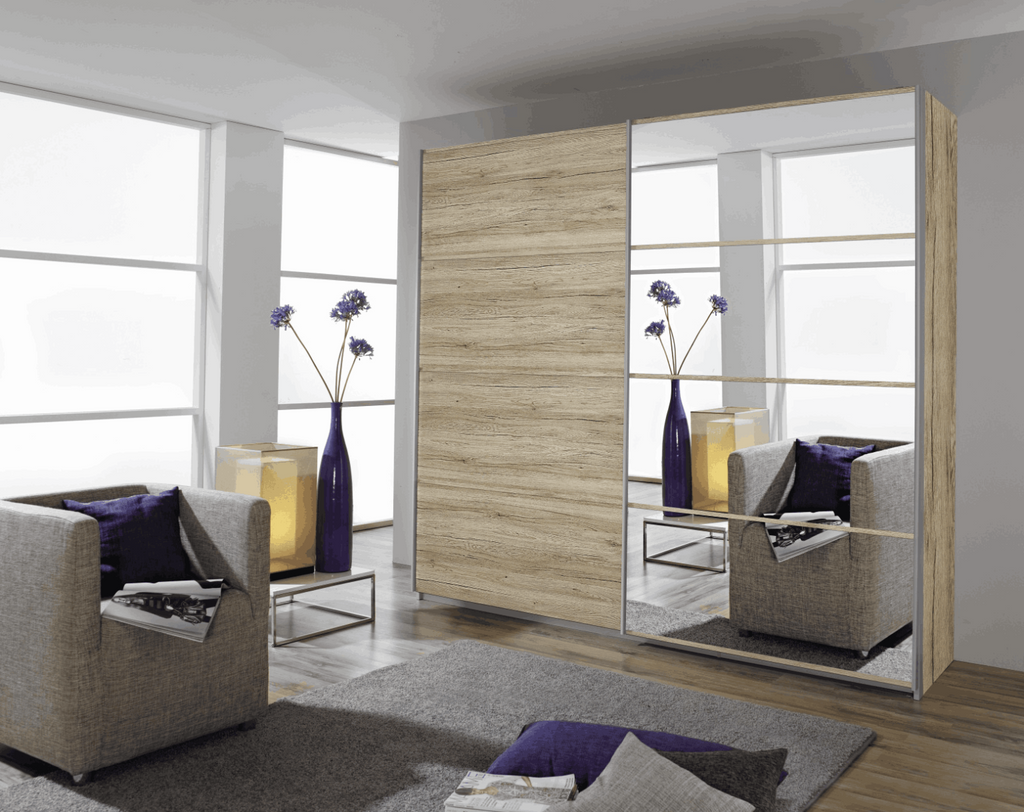 Oakwood Rauch Quadra 2 Gliding Door Wardrobe With Sanremo Oak Light And Mirror Front